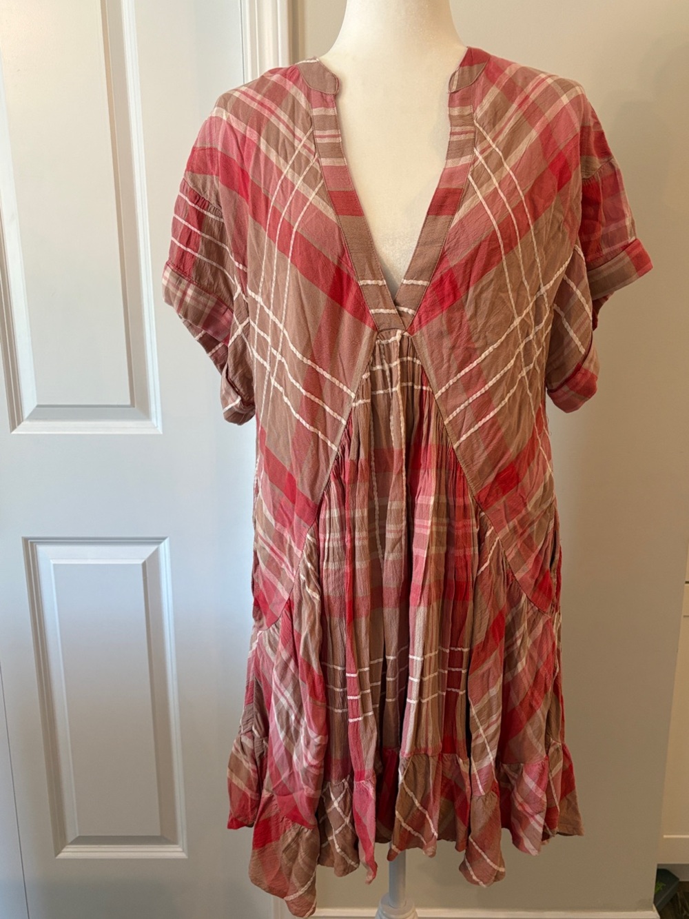 NWT Free People Plaid Split V-Neck MiniDress Ballet Combo w/Pockets Billowy